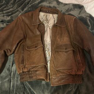 Brown Leather Jacket with Map Lining